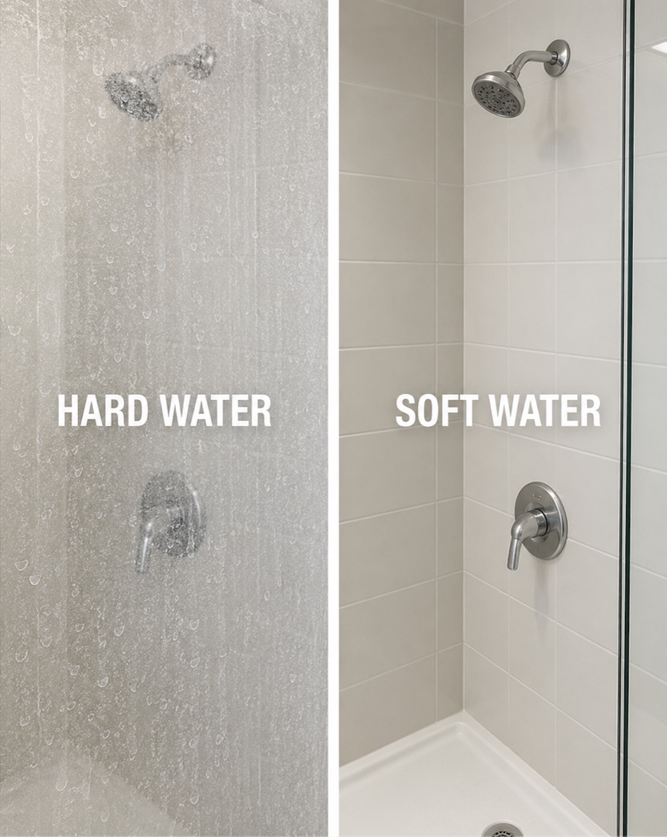 Split shower comparison labeled hard water and soft water.