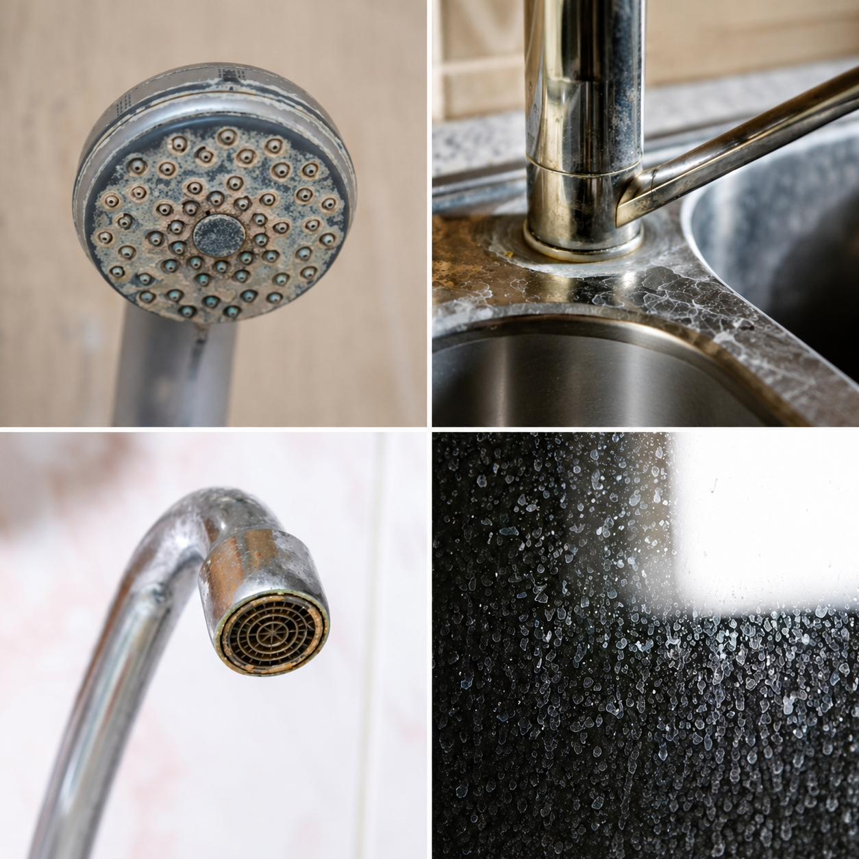 Limescale buildup on a showerhead, faucet, and glass shower door
