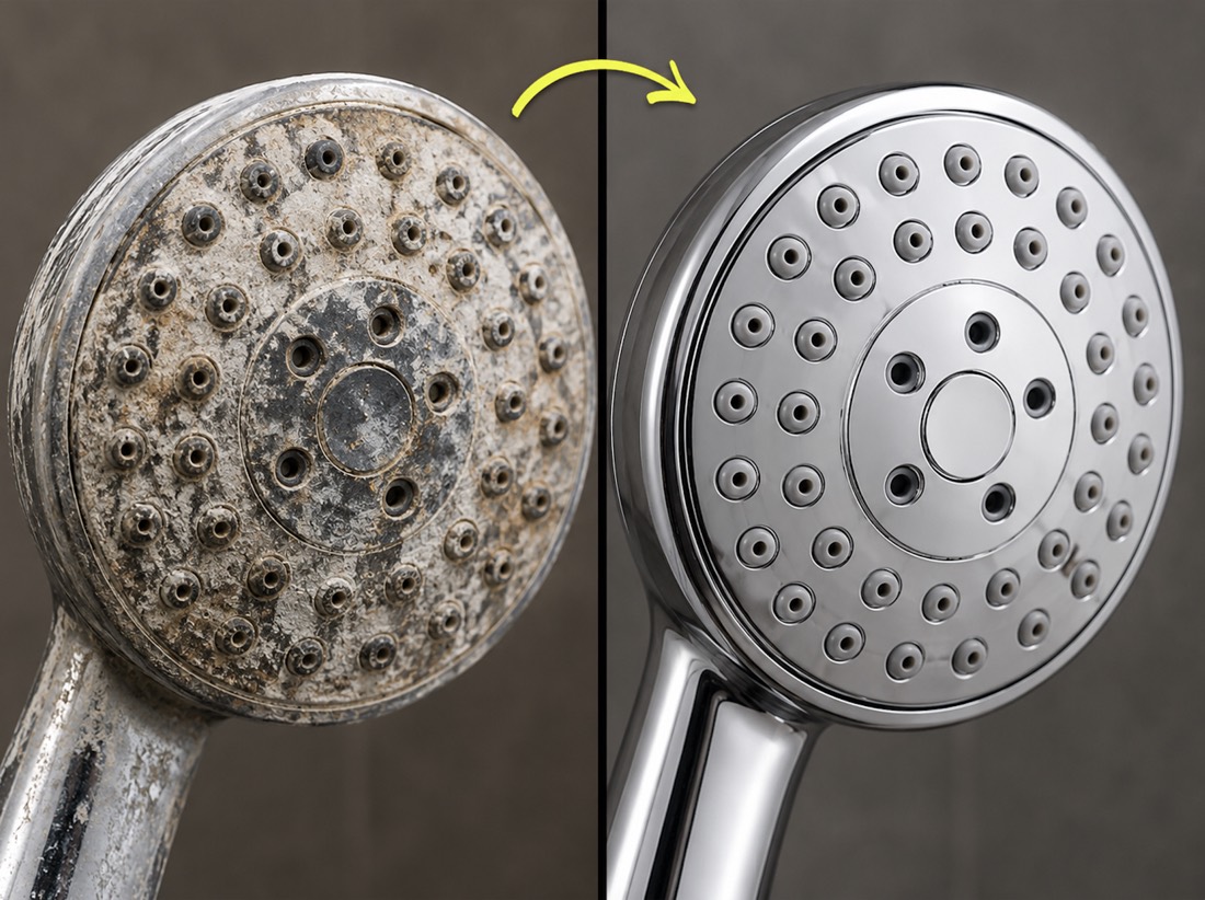 Close-up comparison of mineral buildup on a showerhead and a clean showerhead.