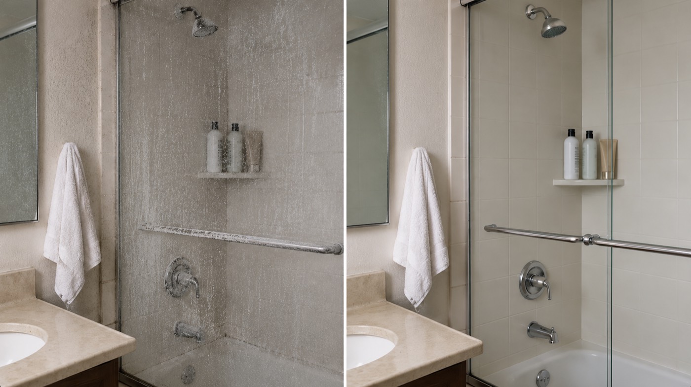 Side by side shower glass showing mineral-heavy hard water residue compared with clearer shower glass.